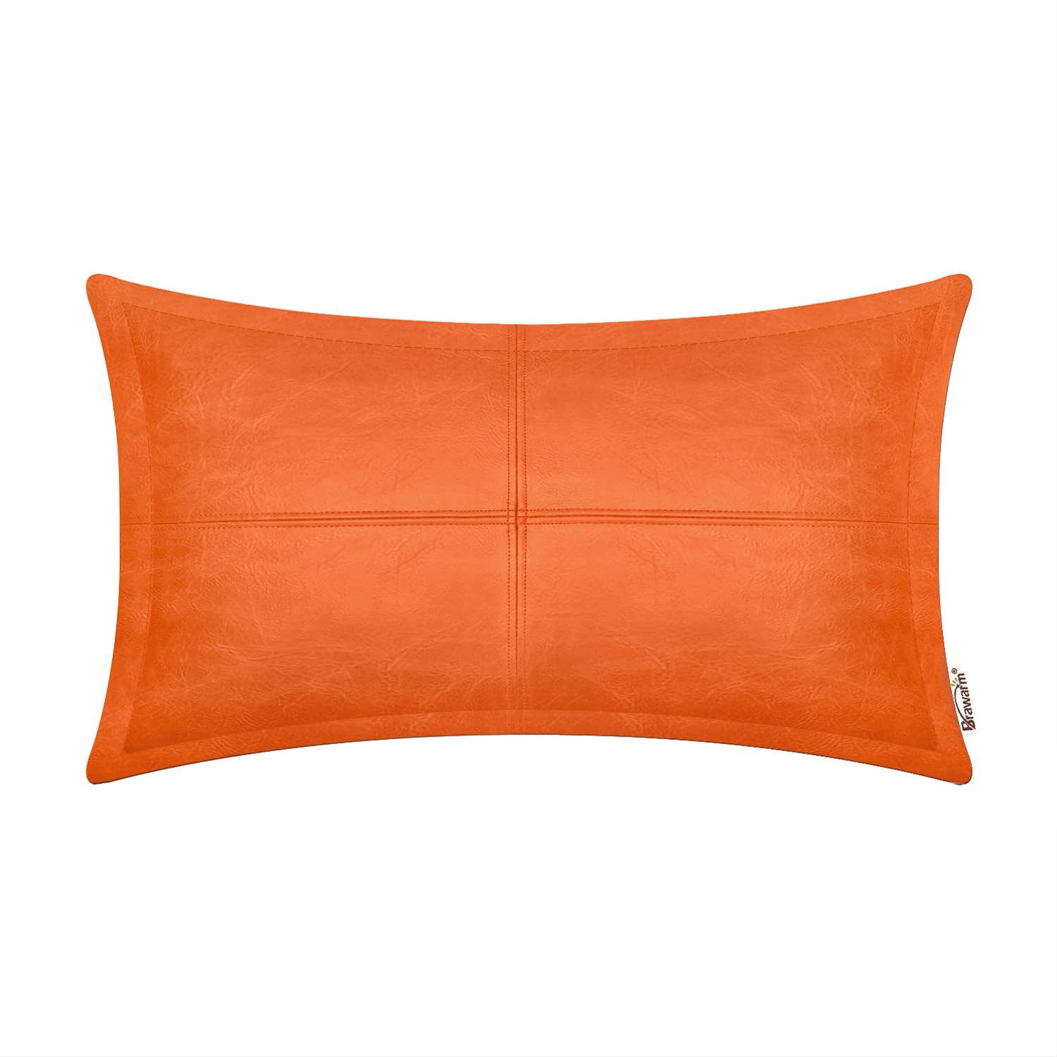 Brawarm Orange Leather Throw Pillow 12 X 20 Inches, Faux Leather Pillow Cover With Piping, Hand Stitched Leather Decorative Lumb